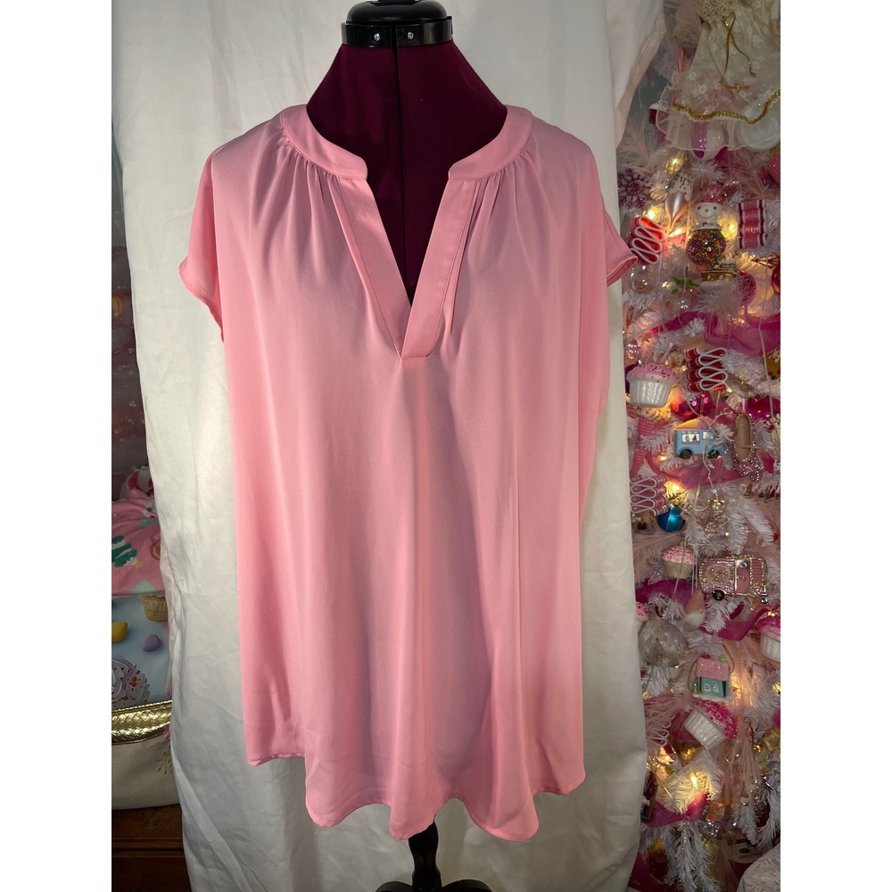 Roz & Ali Blouse Women 1X Pink Good Split Neck Pleated Career Top NWT